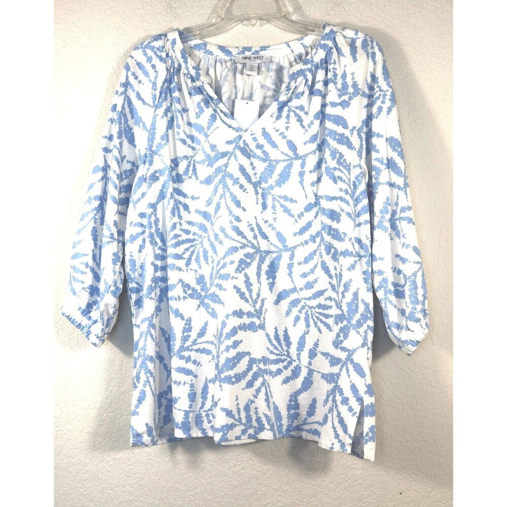 Linen Coastal Palm Print Top Peasant Blouse Blue White M NWT Nine West - Picture 2 of 7